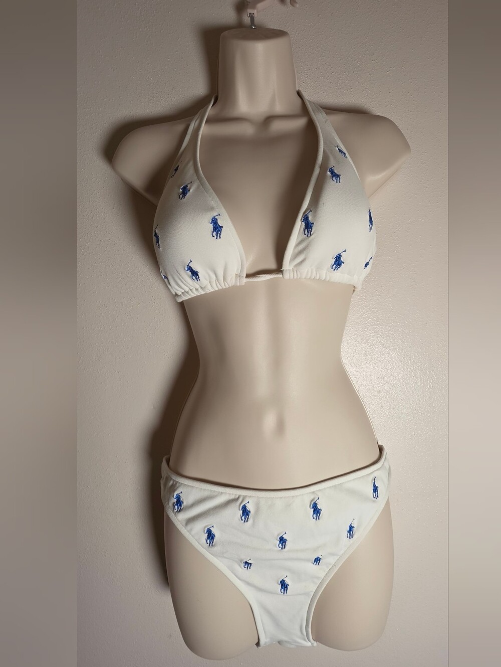 Ralph Lauren White Bikini with Blue Polo Pony Pattern